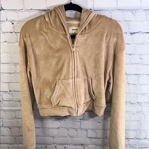 ✨ Camel-Colored Cropped Velvet Hooded Zip-Up Jacket - Size Small - Picture 1 of 3
